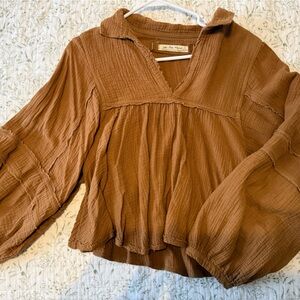 Free People Brown Smocked Puff Sleeve Blouse